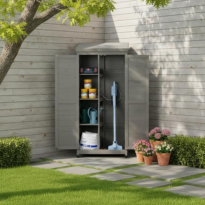 Wooden Outdoor Storage Cabinet, Outdoor Bar Table Cabinet with Storage, Outdoor Buffet Sideboard Cabinets for Patio, Garden, Potting Bench, Bar Table, Balcony (Tall - Grey)