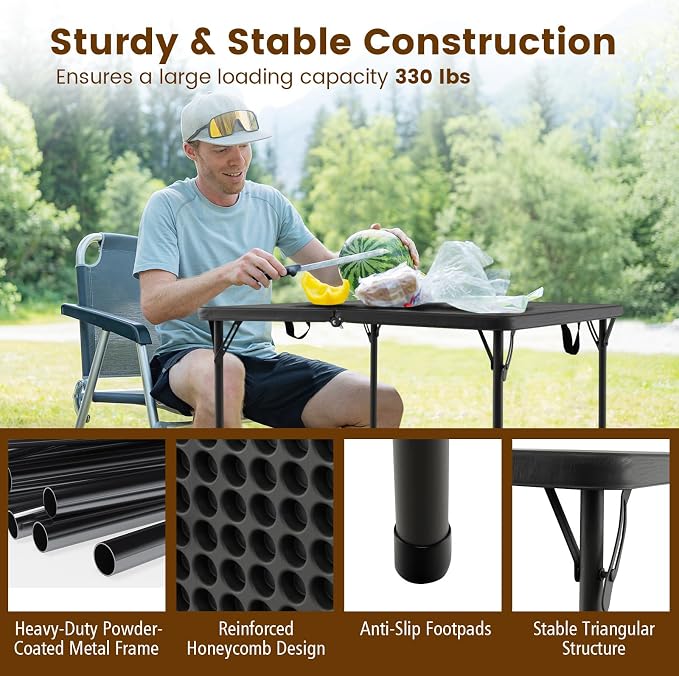 Tangkula 34" Folding Table, Portable Picnic Table with All-Weather HDPE Tabletop, Heavy-Duty Metal Frame, Carry Handle, Fold-in-Half Plastic Outdoor Table for Camping, Dining, BBQ, No Assembly Needed