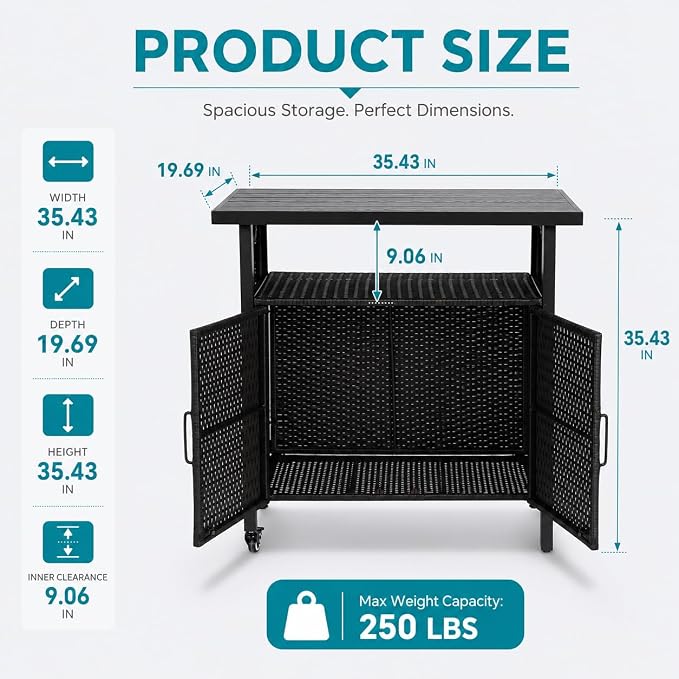 Outdoor Bar Table with Storage Cabinet, Patio Serving Cart with Wheels, Wicker Bar Cart and Grill Cart Prep Station, Rolling Kitchen Island for Patio, Backyard, Poolside, Outdoor Use, Black