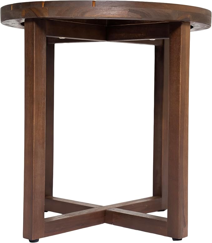 Merax Acacia Outdoor Wood Round Accent Side Table, Cross Base Design with Slat Detailing, Weather-Resistant, Dark Oak