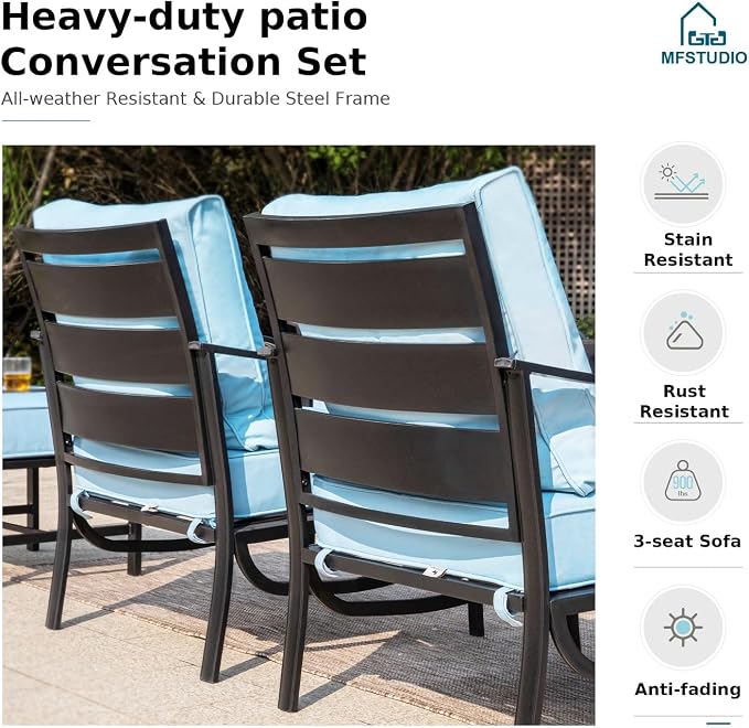 MFSTUDIO 8 Pieces Patio Furniture Sets with 45" Gas Fire Pit Table(Up to 9 Seat),Outdoor Metal Conversation Sofas with 1 x 3-Seat Sofa, 2 Single Chairs,2 Rocking Chairs and 2 Ottoman,Blue Cushion