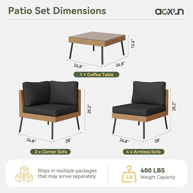 Aoxun Patio Furniture Set, 7 Piece Outdoor Sectional Sofas with Thick Cushion, Wicker Outdoor Patio Furniture Set with Coffee Table for Party, Garden, Backyard, Black