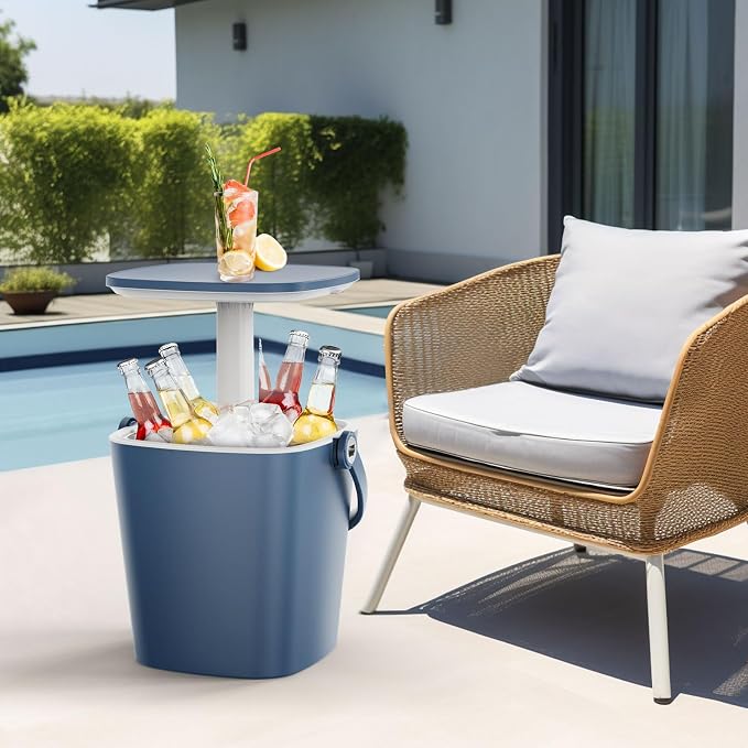 EasyUp Outdoor Cooler Side Table, Portable Ice Cooler Table with Table Top, Outdoor Ice Cool Bar, Lift Top Lid, Durable Handle, Cold Resistance, for Patio, Pool, Camping (Blue)