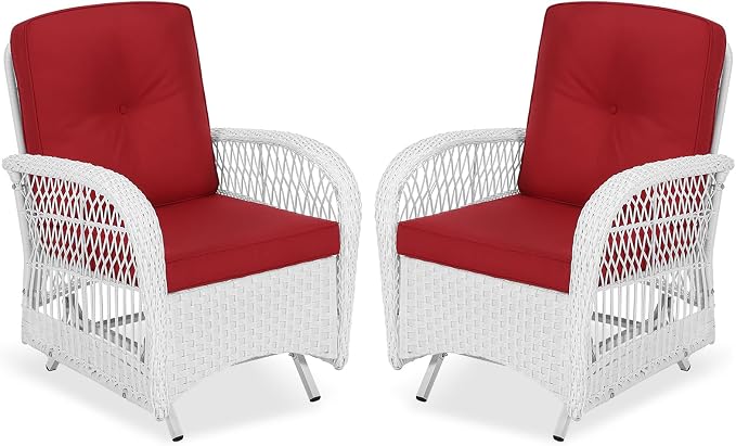 VIVIJASON 2-Piece Outdoor White Wicker Glider Rocking Chair, Patio Rattan Swing Glider Chairs with Cushions & Steel Frame, All-Weather Gliding Lawn Wicker Furniture for Garden Backyard, Red