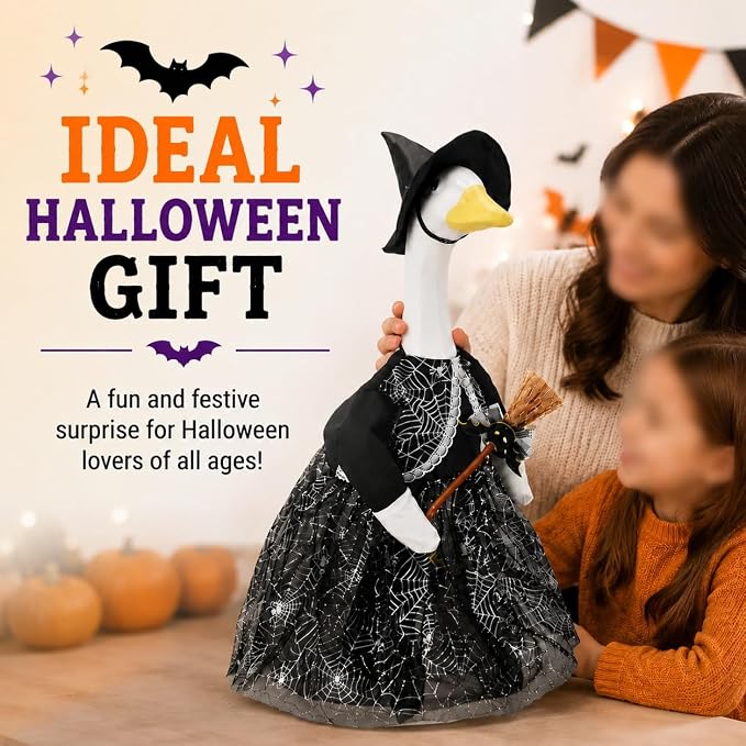 Halloween Porch Goose Outfits for 23'' Lawn Geese Statue, Witch Porch Goose Clothes with Black Spiderweb Dress Witch Hat Broom, Outdoor Garden Goose Costume Accessories for Halloween Patio Yard Decor