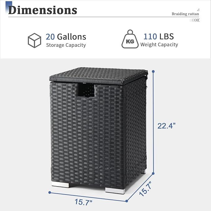 22.4in Outdoor Rattan Side Tables,Iron Frame Gas Bottle Storage Bin,Waterproof Patio Coffee Side Tables,All-Weather PE Wicker End Table,with Lid,for Garden Porch Poolside Deck Backyard (Black)