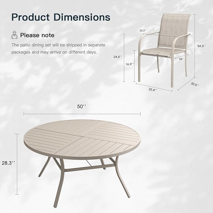 VICLLAX 7 Pieces Patio Outdoor Dining Set, 50" Round Metal Table with Umbrella Hole and 6 Stackable Textilene Chairs for Patio, Lawn, Garden, Porch, Sandshell