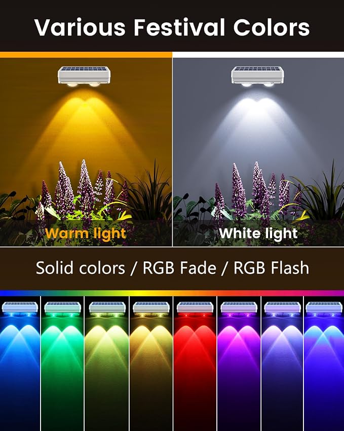JOFIOS Solar Fence Lights Outdoor Waterproof, 80 Lumens Solar Lights for Fence with Warm White & RGB 8 Colors,Outdoor Solar Light for Deck, Patio, Backyard, Fence, Railing (12-Pack-White)