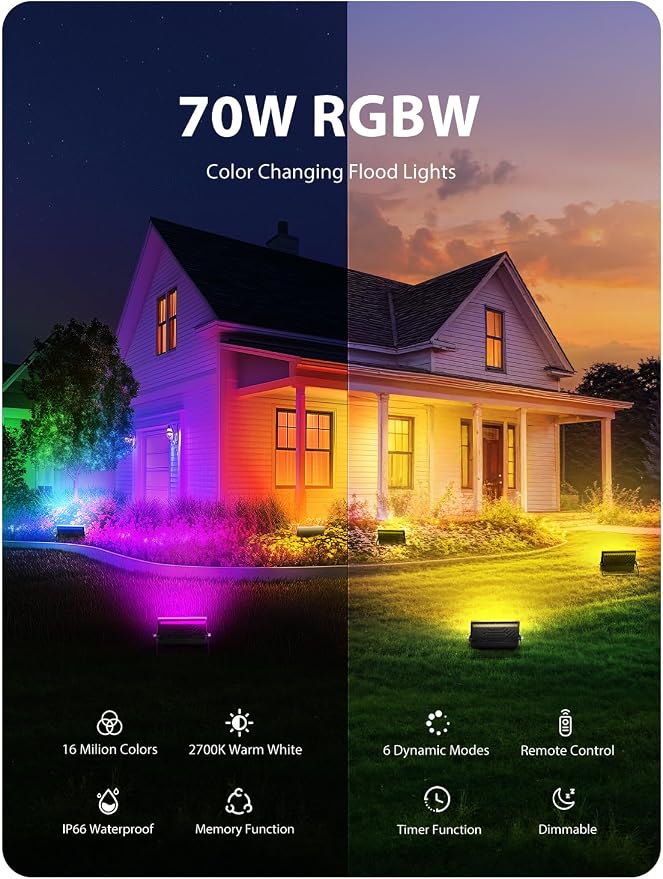 Onforu 4 Pack LED RGBW Flood Lights Outdoor 70W, 2700K Warm White Dimmable Million Color Changing Floodlight Waterproof with Remote, DIY Stage Lights Uplighting Indoor for Party