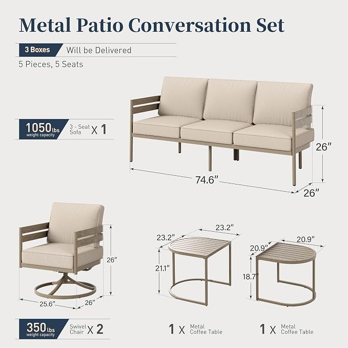 SUNSHINE VALLEY Metal Frame Patio Furniture Set, Wood-Like Modern Outdoor Patio Furniture Set with Cushion, Patio Seating Set with Swivel Chairs, Patio Conversation Set for Backyard Deck