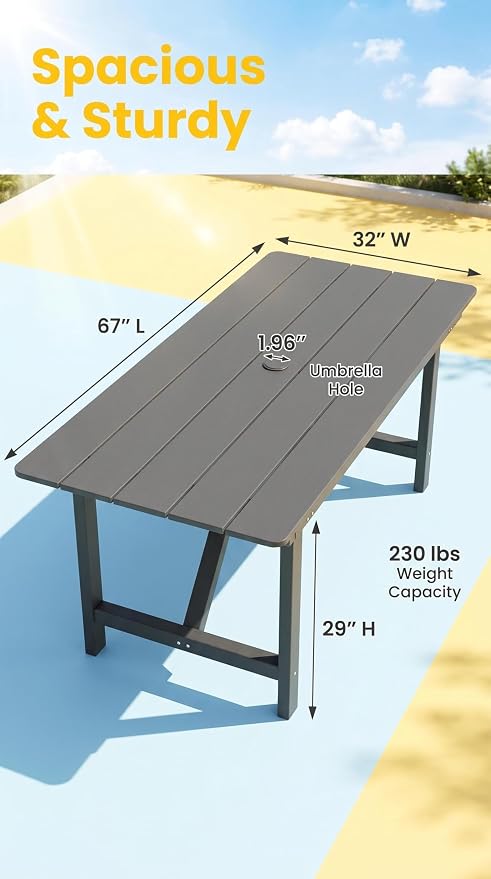 Amopatio HDPE Patio Outdoor Dining Table for 6 All Weather 67'' Rectangular Table with Umbrella Hole for Porch Deck Garden Backyard Poolside