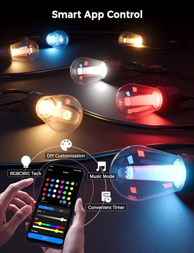 XMCOSY+ Smart Outdoor String Lights 72.5FT, LED Patio Lights App Control | DIY Color Changing, RGBCW Dimmable White, Segment Control, Alexa Voice Control, Shatterproof IP65 Waterproof Outside Lights