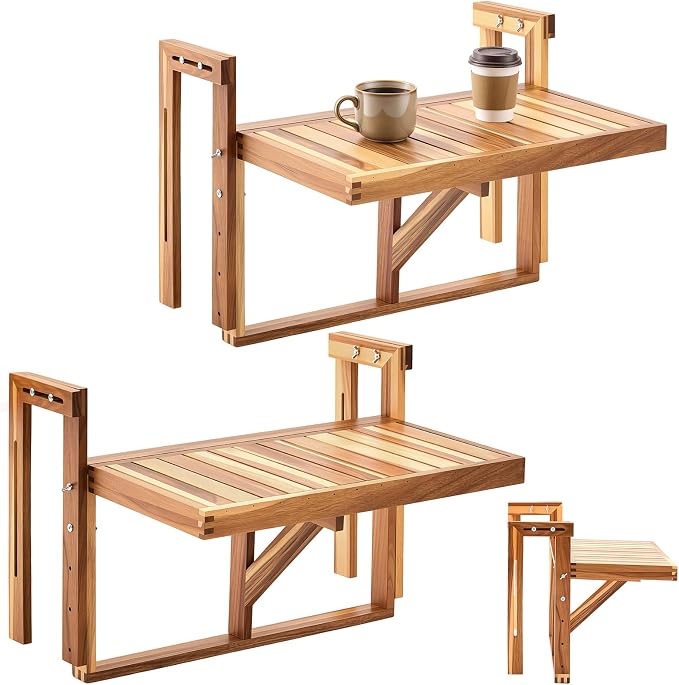 Colingmill 2 Set 22 Inch Balcony Hanging Table, Acacia Wood Foldable Railing Table Adjustable Height & Width, Outdoor Balcony Desk for Coffee, Laptop, Breakfast, Suit for Small Spaces Patio Deck Porch