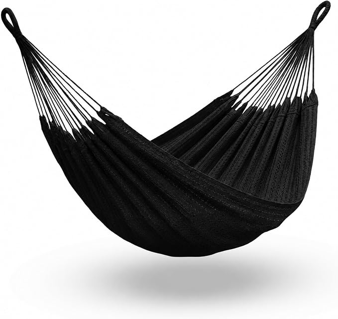 Hammock for 1-2 Person, 475 lbs Capacity – Handwoven Mexican Hammock, 100% Soft Cotton – 9.8 ft Mayan Hammock for Patio, Backyard, Indoor & Camping – Medium, Black