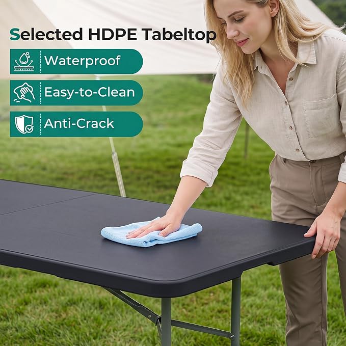 Goplus 8ft Plastic Folding Table, 350 LBS Outdoor Heavy Duty Folding Tables with HDPE Tabletop, Handle, Lock, Foldable Rectangle Portable Utility Card Table for Picnic, Party, Camping, Dining