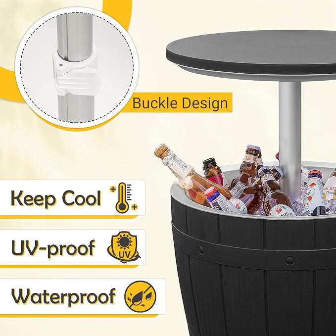 Greesum Outdoor Patio 10 Gallon Cooler Bar Table, 3 in 1 Resin Patio Beer and Wine Ice Bucket Cocktail Tables with Adjustable Height for Party and Deck, Black