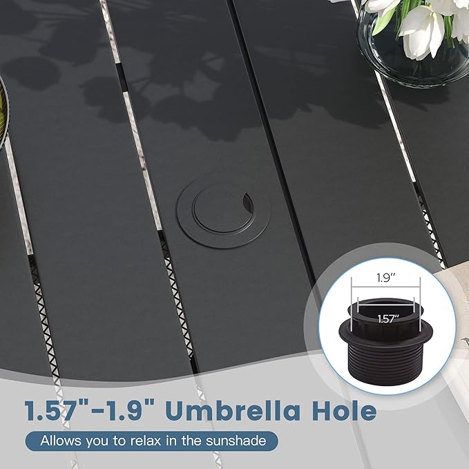 DIFY Outdoor Dining Set for 6, 7 Piece Patio Table and Chairs Set, Swivel Patio Chairs with Blue Textilene & 59.2" Black Rectangle Metal Dining Table with Umbrella Hole, for Garden Backyard Deck