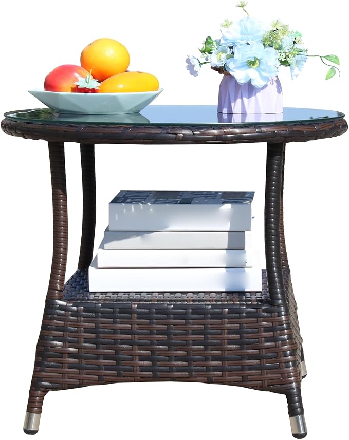 Patio Wicker Side Table 21" Round – Outdoor Coffee Table with Storage Shelf & Tempered Glass Top, PE Rattan End Table for Backyard Balcony Garden, 120 lbs Capacity, Brown