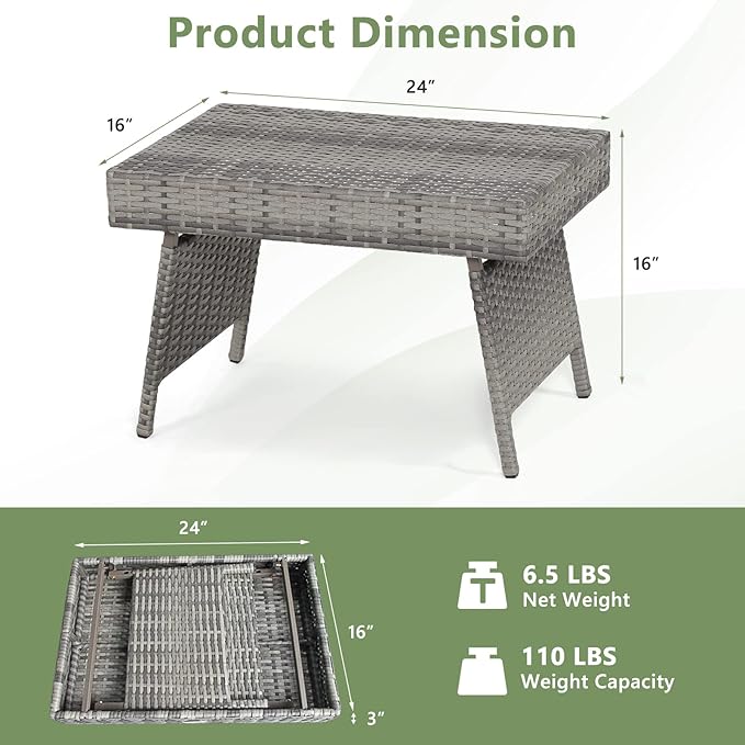 LDAILY Outdoor Side Table, Portable Wicker Coffee Table with Rattan and Steel Frame, All Weather Pre-Assembled Coffee Furniture, Standing Folding Patio for Courtyard, Poolside, Garden (Gray)
