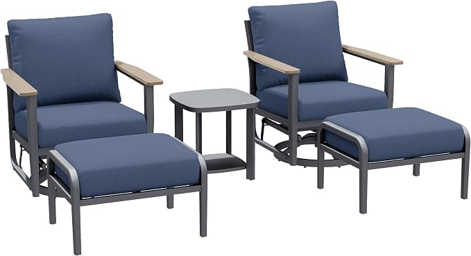 Aluminum Patio Swivel Rocking Chair Outdoor Bistro Set with Ottomans, 5PCS Patio Conversation Set Outdoor Patio Furniture Set with High Backrest & Thickened Cushions for Garden, Navy Blue