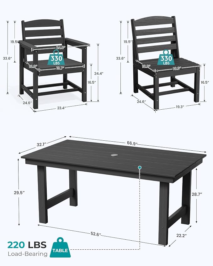 SERWALL HDPE Outdoor Dining Set for 10 with 2 Tables & 10 Chairs, Black | 12-Piece HDPE Outdoor Dining Set for 10, All-Weather Resistant Dining Furniture