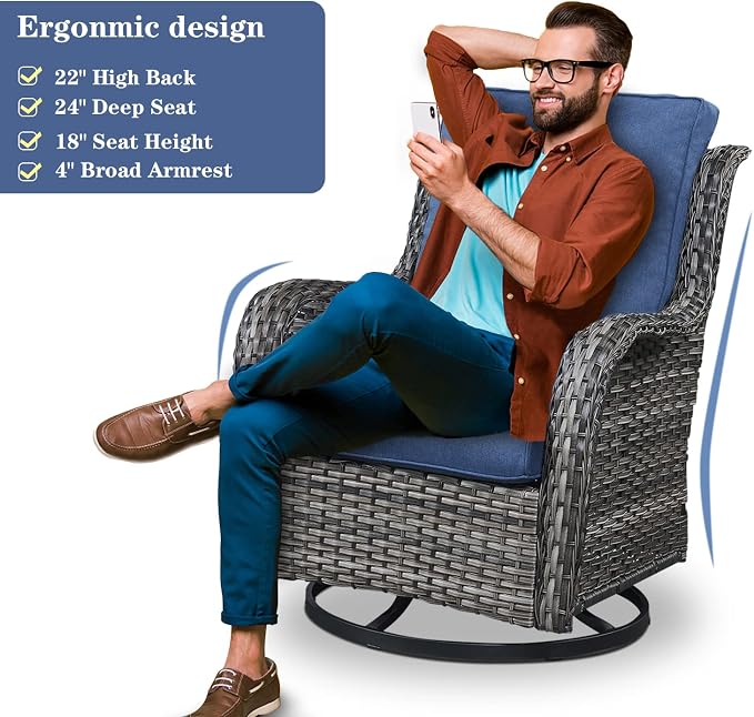 Belord Wicker Patio Furniture Sets - 8 Piece Outdoor Furniture Rattan Conversation Sets with 4 Swivel Rocker Chairs, Rattan Sofa, Wicker Ottomans and Coffee Table, Mixed Grey/Blue