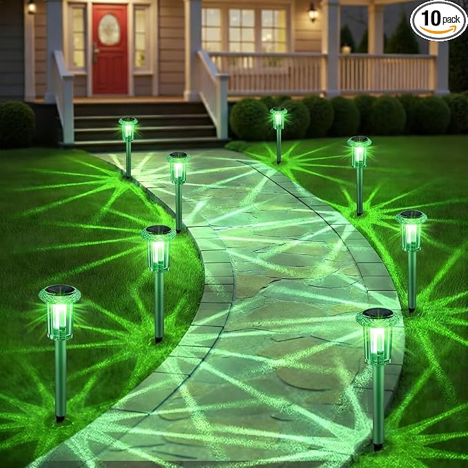 Eyrosa Solar Outdoor Lights, 10 Pack Solar Pathway Lights Outdoor Waterproof, Stainless Steel Stake Lighting for Garden Yard Path Walkway Driveway Patio Lawn Outside Décor,Green