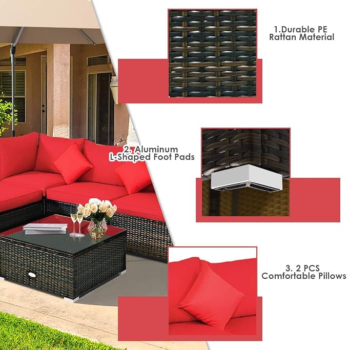 HAPPYGRILL 5 Pieces Patio Conversation Set, Outdoor Rattan Wicker Furniture Set, Sectional Sofa Ottoman Set with Coffee Table, Cushion, Pillow for Garden Lawn Balcony Backyard