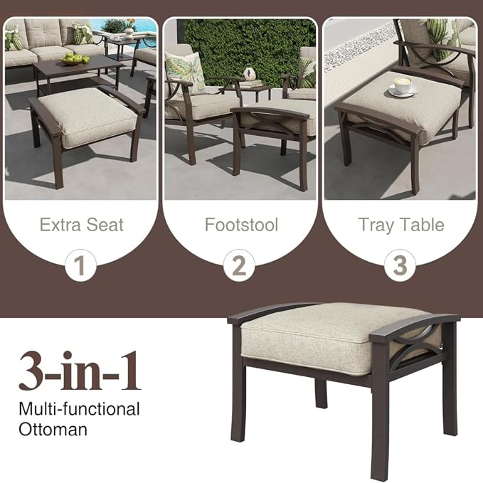 Hassyee 2 Pieces All-Weather Metal Outdoor Conversation Set with Coffee Table and Removable Cushions for Balcony, Patio Furniture Set with Modern Curved Design for Backyard, Lawn (2 Ottomans)