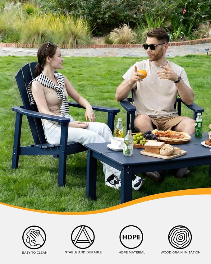 nevilywood 5-Piece HDPE Adirondack Chair Set, 4 Stackable Chairs Coffee Table, All-Weather Wood Grain, Patio Garden Backyard,Navy Blue