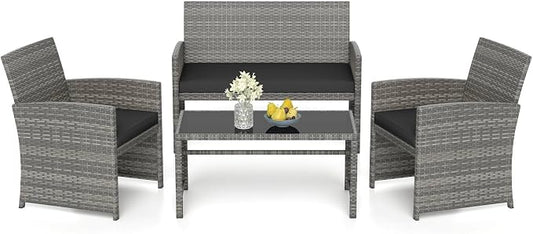 RELAX4LIFE 4-Piece Patio Furniture Set - Wicker Rattan Outdoor Sectional Sofa Set w/Glass Coffee Table, Loveseat, 2 Single Chairs & Soft Cushions, Bistro Conversation for Garden Porch (1, Black)