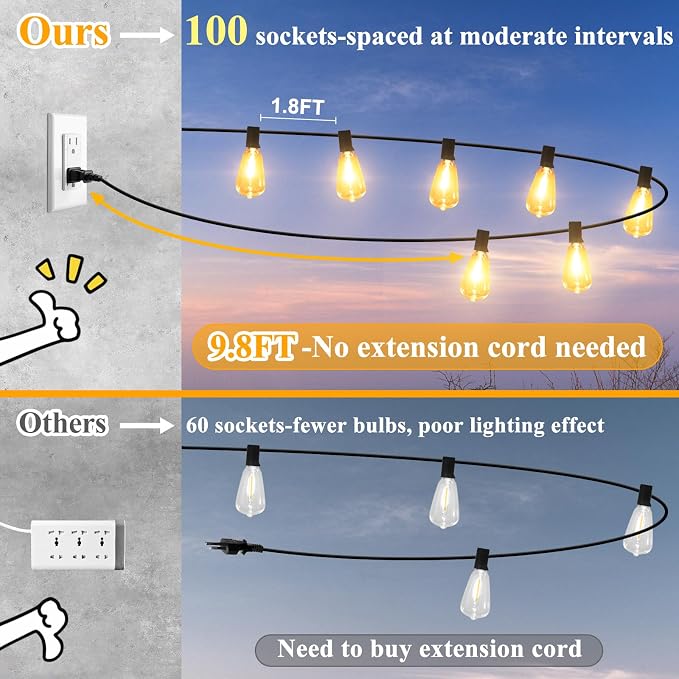 Brightever LED String Lights Outdoor Waterproof, 200FT 2200K Dimmable Patio Lights with 104 Shatterproof ST38 Vintage Edison Bulbs, Outside Hanging Light for Porch, Deck, Garden, Backyard, Balcony