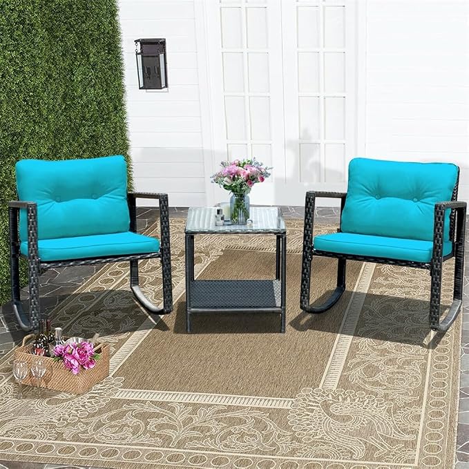 3PCS Patio Rattan Furniture Set Rocking Chairs Cushioned Conversation