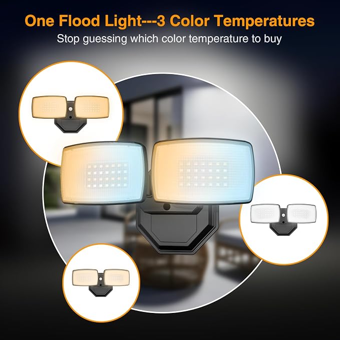 Onforu 3CCT Outdoor Flood Lights, 32W Hardwired Security Light, Yard, Porch | 3200LM Switch Controlled LED Floodlights, 2700K/4000K/6500K, 2 Adjustable Heads, IP65 Waterproof, Garage, Patio, Corner, Eave