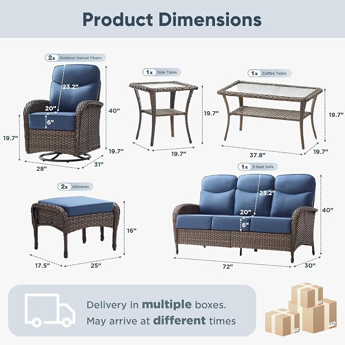 HUMMUH 7-Piece Patio Furniture Set with 6" Thick Cushion High Back Outdoor Swivel Rocker Chairs with 3-Seater Sofa,Coffee Table & Ottomans,Wicker Outdoor Conversation Set for Deck, Porch,Poolside