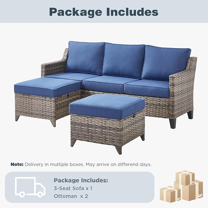 Belord Luxury Outdoor High Back Couch with Ottoman, All-Weather Wicker 3-Seater Sofa, 3 Piece Patio Conversation Furniture Set,Blue