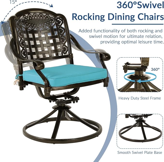 SOCIALCOMF 9-Piece Patio Cast Aluminum Dining Set, Outdoor Table and Chairs Set for 8, Includes 64" Large Square Dining Table, 6 Stationary, 2 Swivel Dining Chairs with Umbrella Hole, Ocean Blue