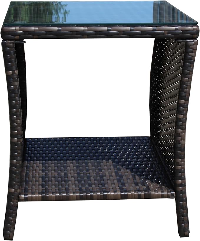 Outdoor Wicker Side Table, 19.25" Square Patio End Table with Tempered Glass Top & Storage Shelf, All-Weather Brown Rattan Coffee Table for Patio, Porch, Backyard, Poolside, Indoor & Outdoor Use