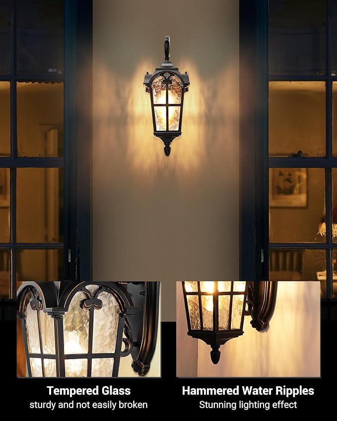 DEWENWILS Outdoor Wall Light Fixtures, Black Roman 17.7" H Exterior Wall Lantern, Anti-Rust & Waterproof, Water Ripple Glass, Outside Wall Sconce Porch Light for House, Garage