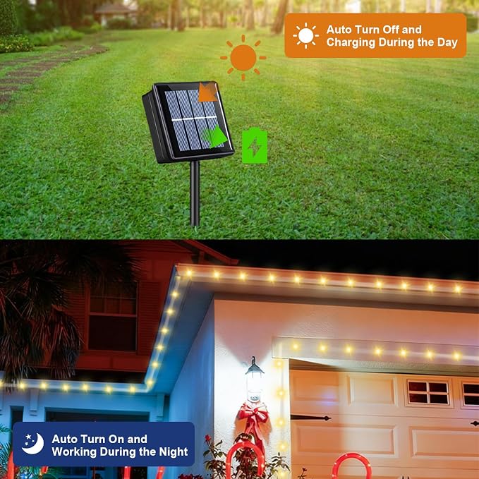 QITONG Solar Rope Lights Outdoor Waterproof, 66ft 200 LED String Lights, 8 Modes Fairy Lights in Clear Thin Tube (Warm White)