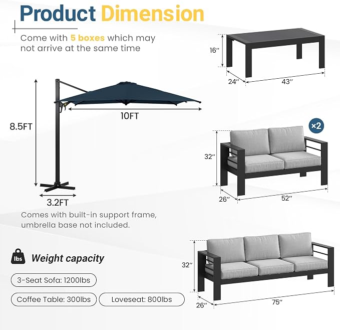 Wisteria Lane 5 Pieces Aluminum Patio Furniture Set with Umbrella, All Weather Oversized Outdoor Furniture Set with Deep Seat and Back Cushion, Patio Conversation Sets Wide armrest, Light Gray & Navy