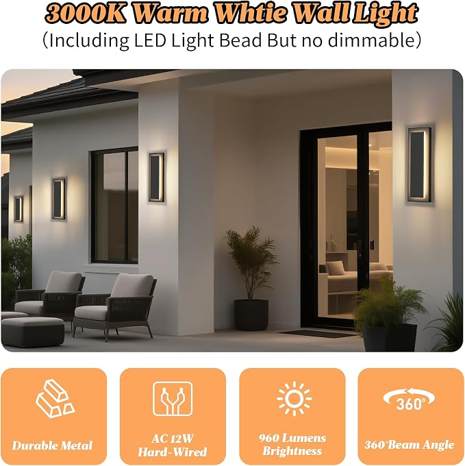 Modern Exterior Lighting Fixtures Outdoor Porch Wall Light 16 in | Black Outside Lights For House, Front Door, Patio, Foyer,Waterproof Outdoor Sconce Lights,LED 3000K Warm White 12W, 4 Packs