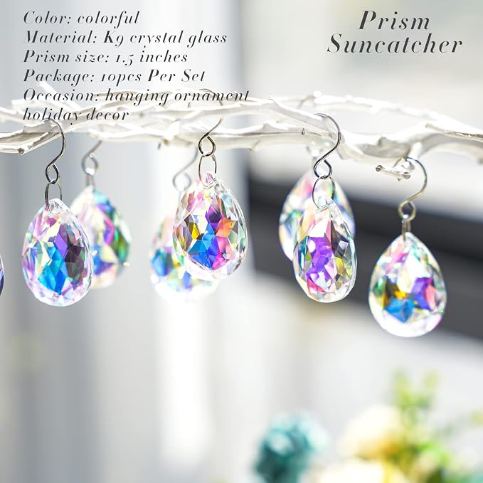 10 Pcs 38mm AB Color Crystal Teardrop Suncatcher Chandelier Prisms Decor | Crystal Teardrop Suncatcher Pendants AB Color 38mm for Chandelier Window Garden Wedding Party Decor Accent