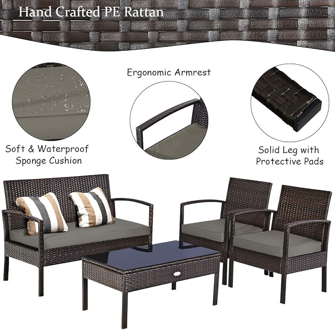 HAPPYGRILL 4-Piece Patio Furniture Set, Garden Pool Lawn Rattan Wicker Conversation Set, Loveseat Sofa Cushioned Seat & Glass Top Coffee Table