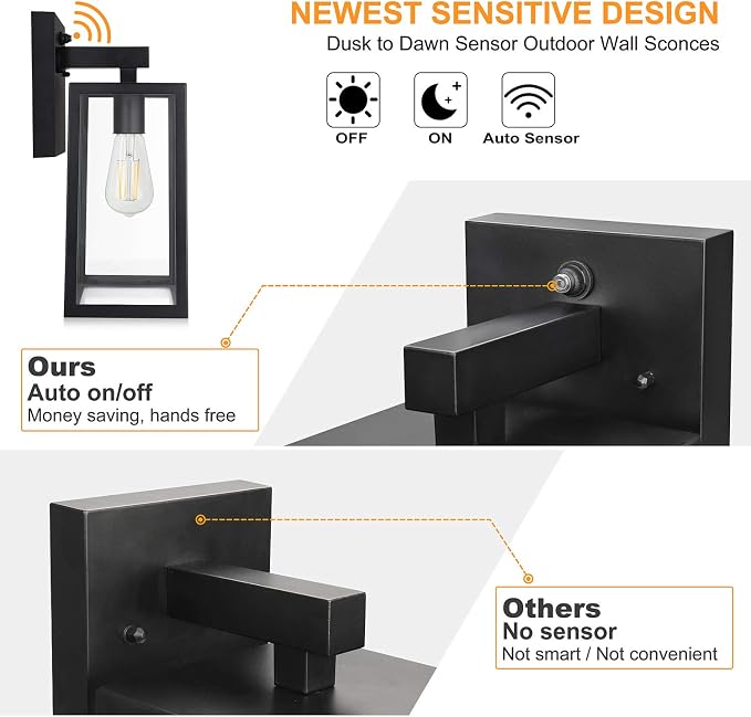 SHINE HAI Dusk to Dawn Sensor Outdoor Wall Sconce, Extra Large Exterior Lantern Fixture with E26 Base, Wall Mount Waterproof Lamp for Porch, Doorway