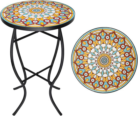VCUTEKA Mosaic Outdoor Side Table - Small Patio Table Coffee Outside Accent Tables Round End Plant Tables for Bistro Balcony Porch Outdoor Benches 14'' Multi Yellow