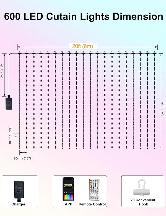 echosari 20Ft x 10Ft Smart Curtain Lights Compatible with Alexa | 600 LED Curtain Lights App Control Dynamic for Backyard Home Wedding Party Christmas Decor - RGB Color Changing IC
