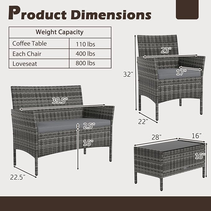 Tangkula 8 Piece Patio Rattan Conversation Set, Outdoor Wicker Furniture Set with Chair, Loveseat & Tempered Glass Table, Cozy Seat Cushions, Outside Sectional Sofa Set for Backyard