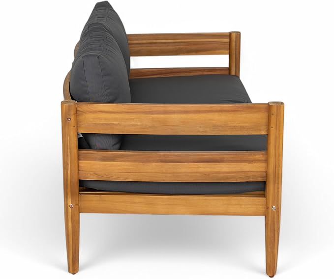 Christopher Knight Home 4-Piece Outdoor Patio Furniture Set, Acacia Wood Conversation Set with Loveseat Coffee Table and 2 Single Chairs Cushions, Slatted Backyard Garden Seating Set, Dark Gray