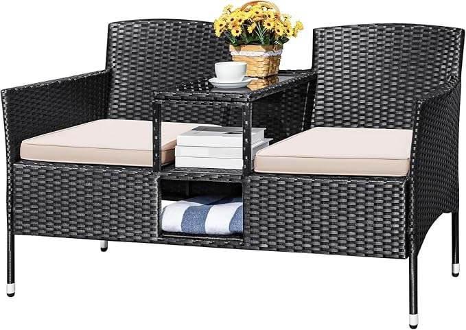 2 Seat Rattan Patio Conversation Set Beige Modern Outdoor Patio Loveseat with Built in Coffee Table for Garden Lawn Backyard